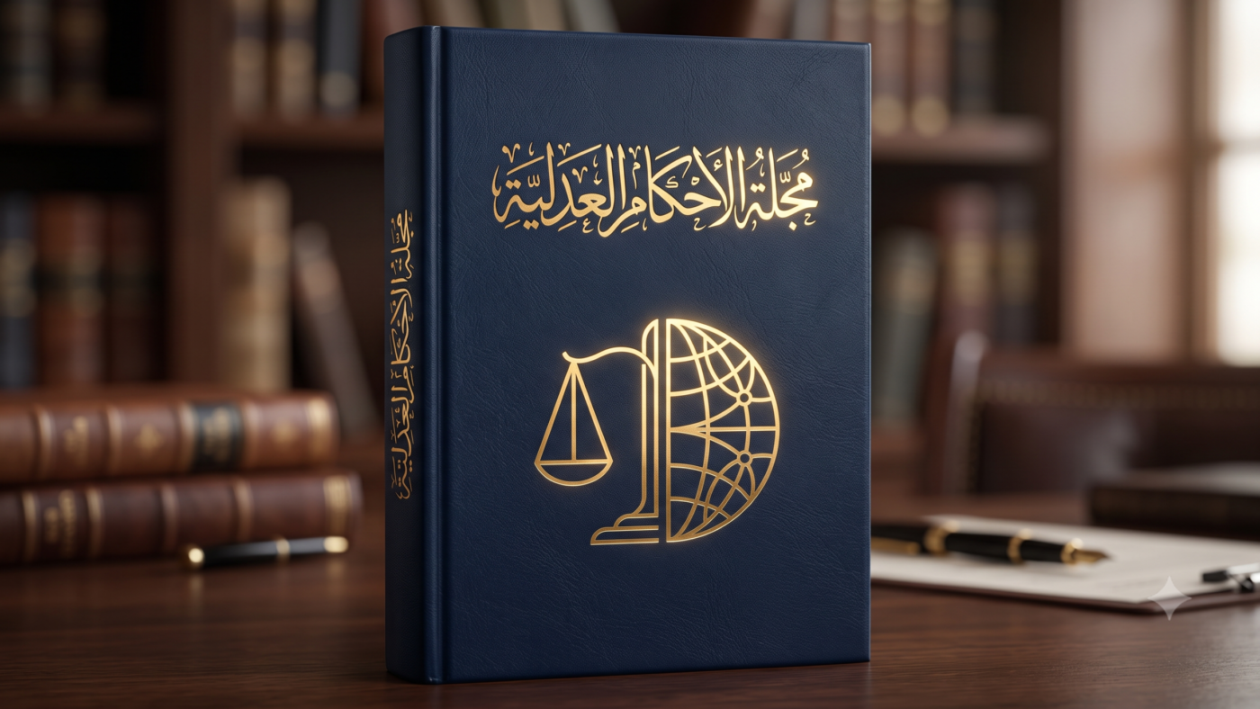On a dark navy blue matte background, gold foil Arabic calligraphy 'Mecelle-i Ahkâm-ı Adliye' above a modern abstract geometric scale symbol representing global trade.