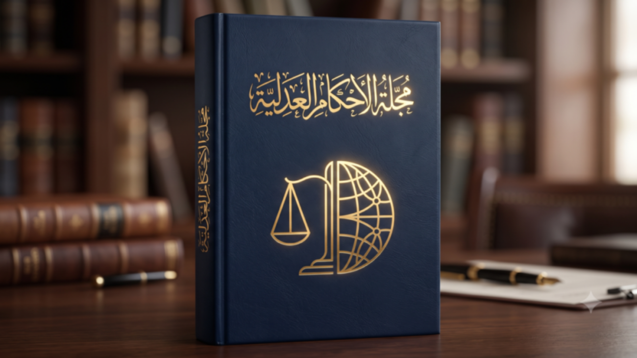 On a dark navy blue matte background, gold foil Arabic calligraphy 'Mecelle-i Ahkâm-ı Adliye' above a modern abstract geometric scale symbol representing global trade.