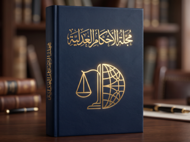 On a dark navy blue matte background, gold foil Arabic calligraphy 'Mecelle-i Ahkâm-ı Adliye' above a modern abstract geometric scale symbol representing global trade.