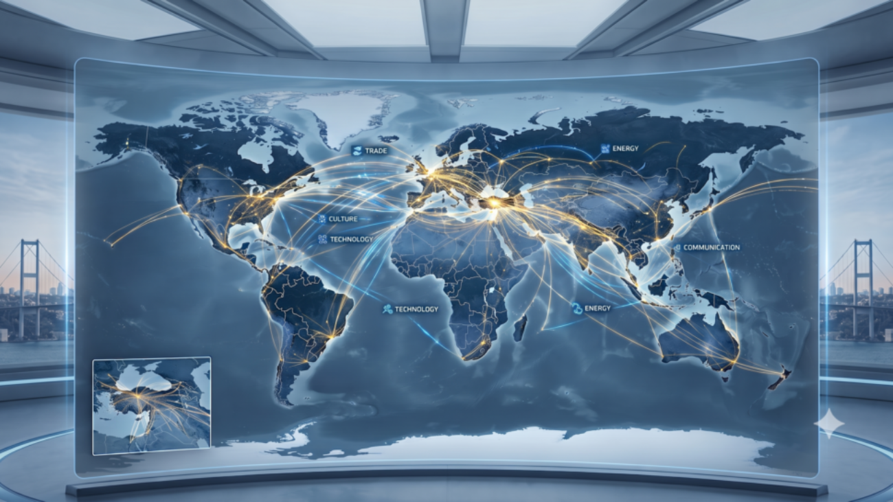 A glowing digital network map connecting the world to Türkiye over a corporate legal desk, symbolizing international investments, legal authority, and cross-border commercial frameworks.