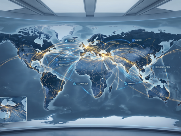 A glowing digital network map connecting the world to Türkiye over a corporate legal desk, symbolizing international investments, legal authority, and cross-border commercial frameworks.