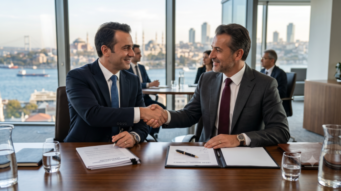 corporate executives shaking hands over international legal documents with the Istanbul skyline in the background.