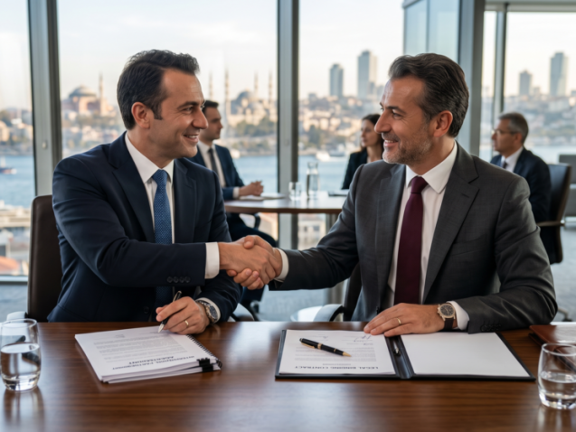 corporate executives shaking hands over international legal documents with the Istanbul skyline in the background.